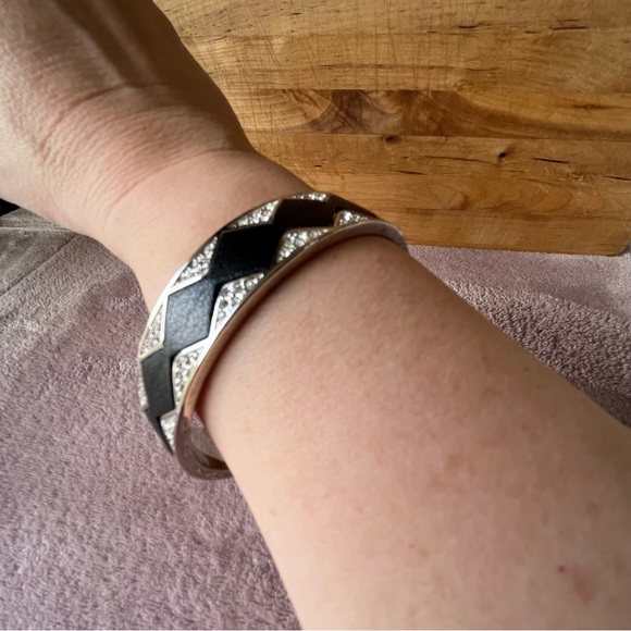House of Harlow Sunburst Pave Rhinestones Bangle Bracelet Black Leather inlay - Picture 2 of 9